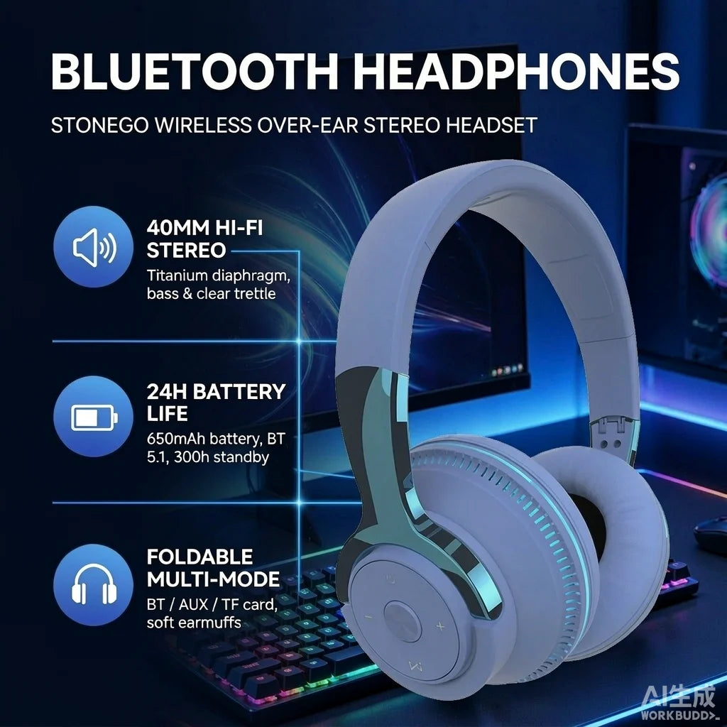 Bluetooth 5.1 Wireless Headphones Stereo Over Ear Headset with Microphone Foldable Adjustable Lightweight Design Comfortable Fit for Mobile Phone Tablet Laptop  Music Calling Online Learning Home Office Travel and Daily Use