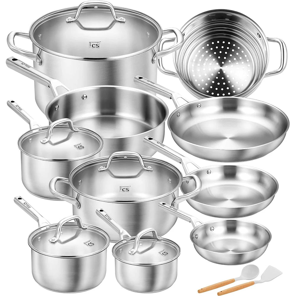 KOCH SYSTEME CS Stainless Steel Cookware Set 17 Piece, Professional 18/10 Stianless Steel Pots and Pans Set, 5-Layer Base, Oven & Induction Safe