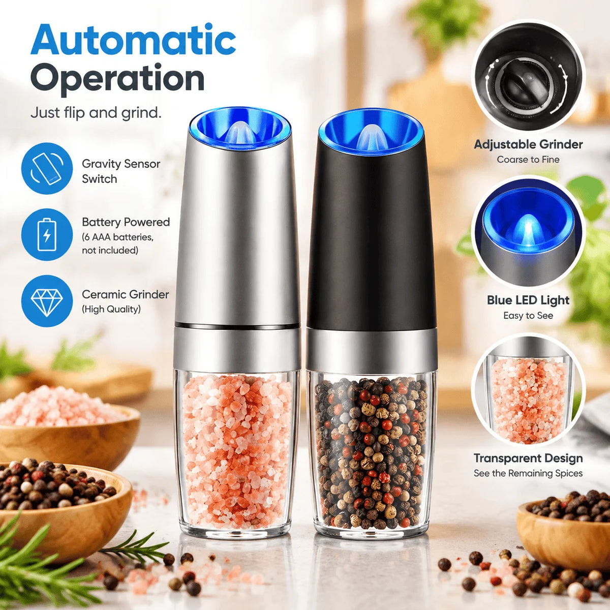 Gravity Electric Salt and Pepper Grinder - Battery Powered Salt or Pepper Mill with Adjustable Coarseness and LED Light, Easy Operation for Kitchen Dining BBQ Cooking, Grind Fresh for Better Flavor, Great for Home Cooks