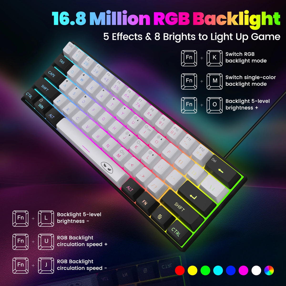 FocusOnPC 61 Keys Ultra Mini Gaming Keyboard TS91, 60% Layout RGB Backlit Waterproof Wired Keyboard, Ergonomic Mechanical Feel Keyboard for Desktop Laptop Office Gamers