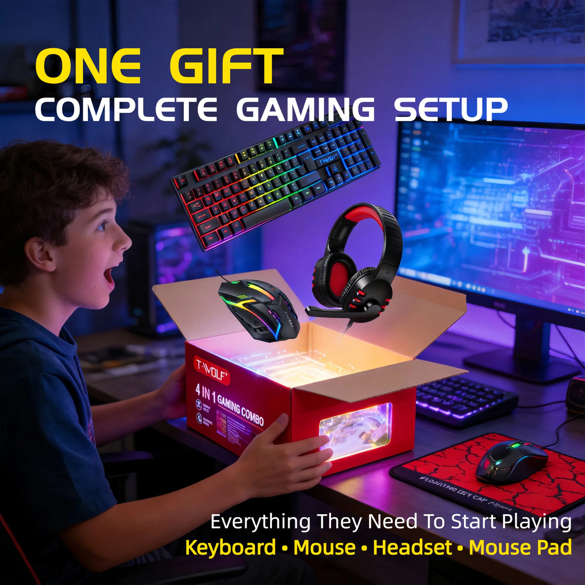T-WOLF 4 in 1 Gaming Combo Set RGB Keyboard Mouse Headset Large Mousepad Wired USB Rainbow LED Back to School PC Gamer Kit for Desktop Laptop