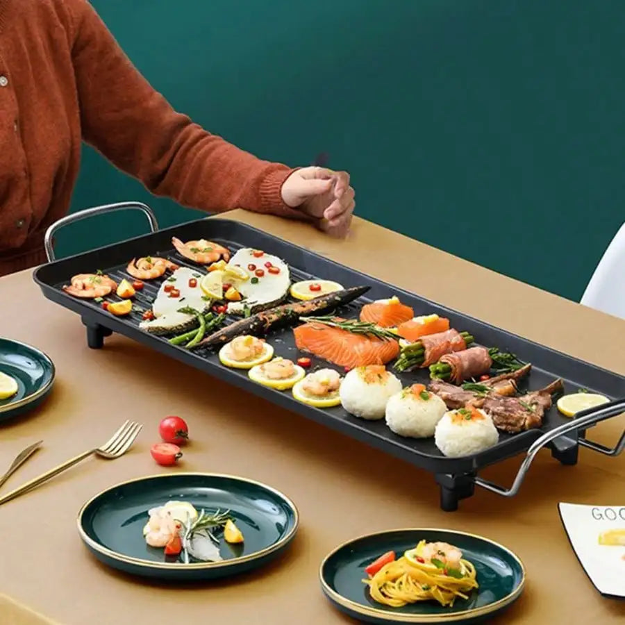 Electric Oversized Detachable Non-Stick Baking Tray, Smoke-Free Grill Plate with Dual Cooking Zones & Separable Temperature Controller
