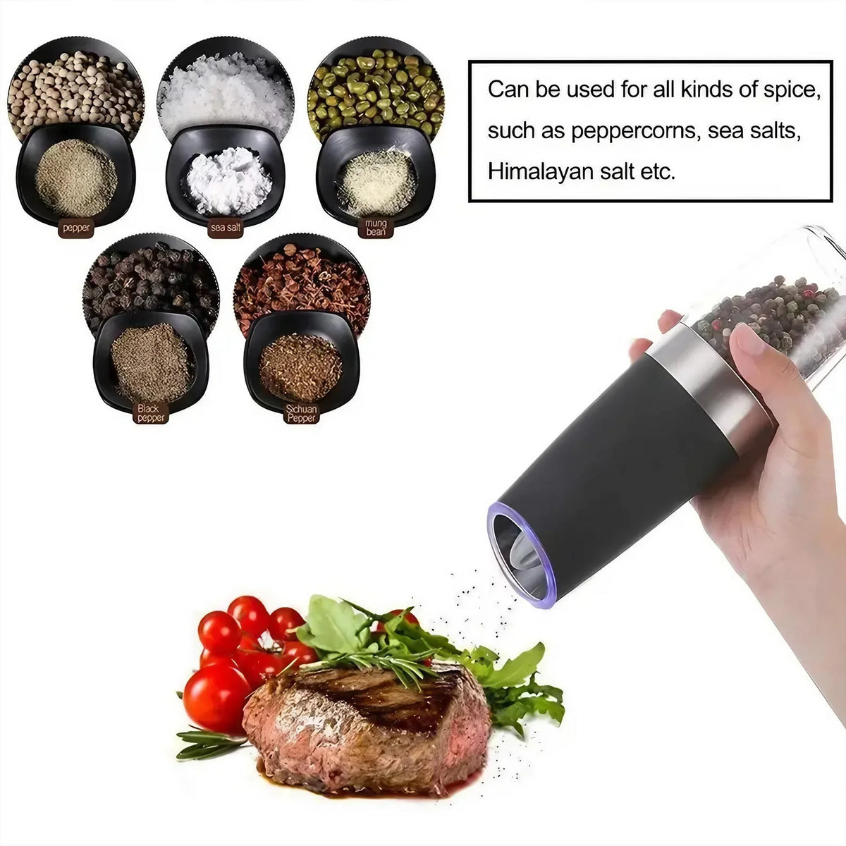 Gravity Electric Salt and Pepper Grinder - Battery Powered Salt or Pepper Mill with Adjustable Coarseness and LED Light, Easy Operation for Kitchen Dining BBQ Cooking, Grind Fresh for Better Flavor, Great for Home Cooks