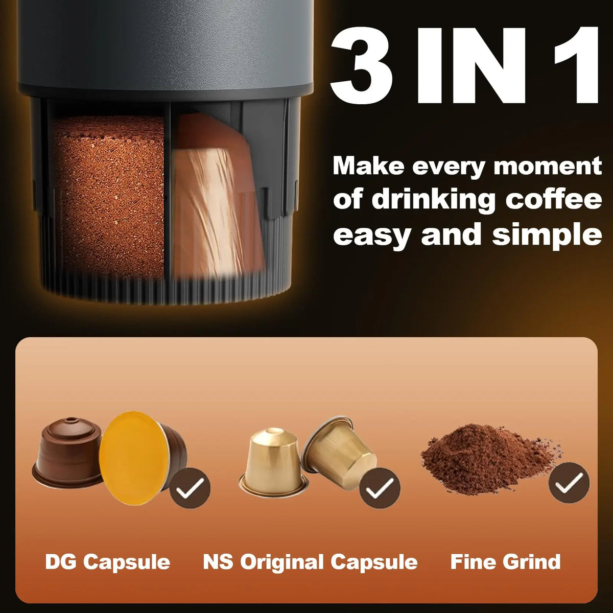 Portable 3 in 1 Electric Espresso Coffee Maker Rechargeable Self Heating Brewer with Carrying Bag and Stand for Camping Hiking