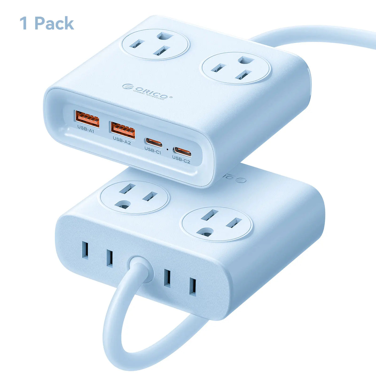 ORICO Power Brick Max 25W GaN Power Strip 8-in-1 Desktop Charging Station with 4 AC Outlets 2 USB-C 2 USB-A 5ft Extension Cord 45° Ultra Thin Flat Plug for Travel Office Home