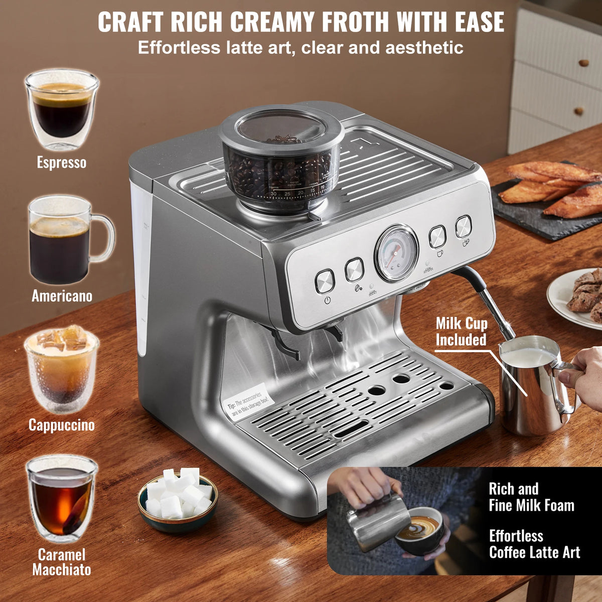 SucceBuy Espresso Machine with Grinder 15 Bar Semi-Automatic Espresso Coffee Maker with Milk Frother Steam Wand