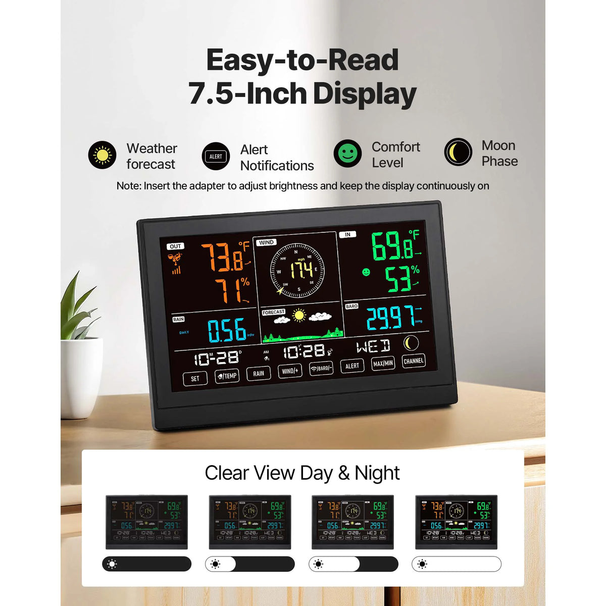 SucceBuy 5-in-1 Wireless Weather Station 7.5-Inch VA Display Solar Powered Outdoor Sensor, Rain Gauge&Weather Forecast, No WiFi
