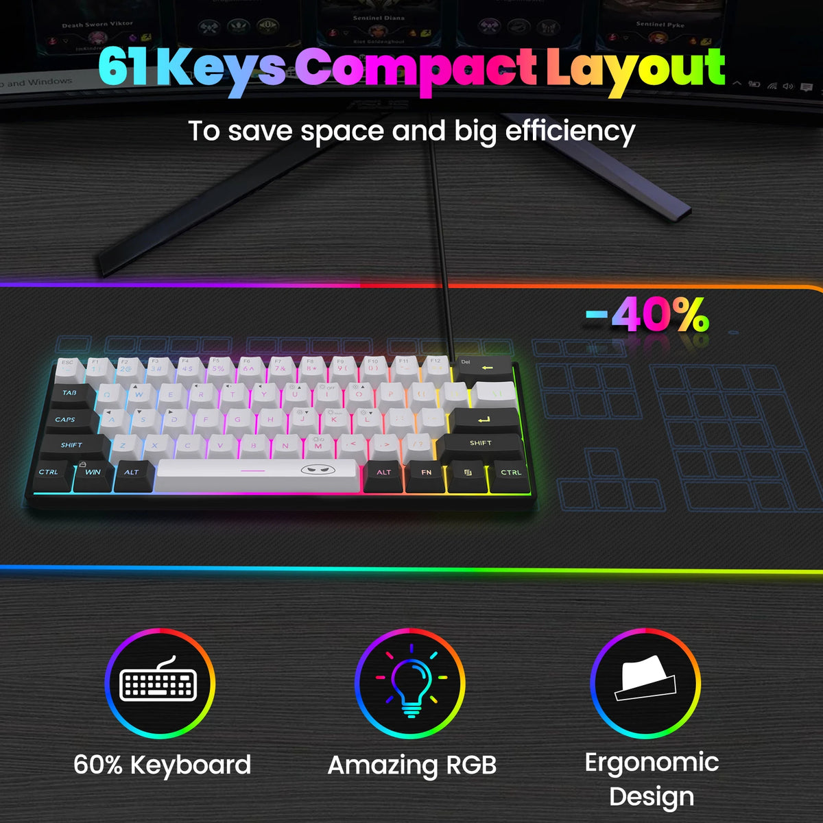 FocusOnPC 61 Keys Ultra Mini Gaming Keyboard TS91, 60% Layout RGB Backlit Waterproof Wired Keyboard, Ergonomic Mechanical Feel Keyboard for Desktop Laptop Office Gamers