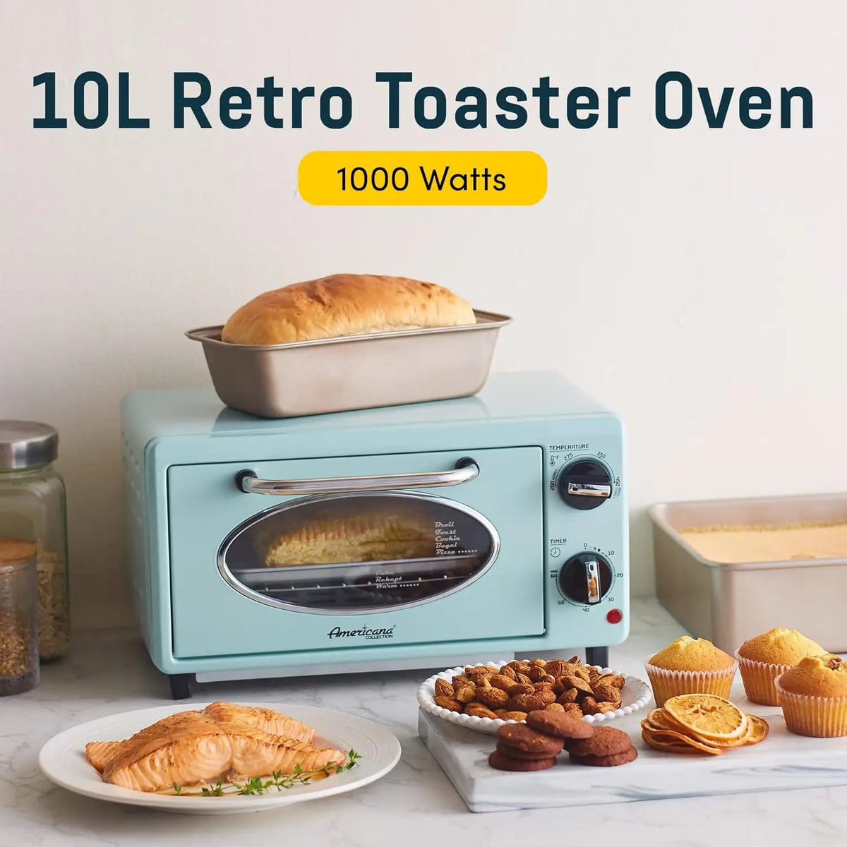 Retro Mint 2-Slice Countertop Toaster Oven with Bake and Toast Functions, Fits 8-Inch Pizza, Temperature Control, Adjustable 60-