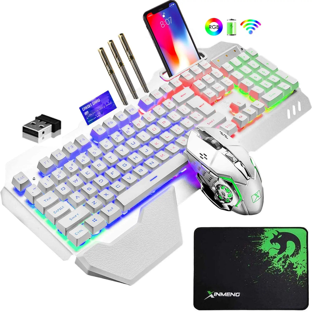 K680 Wireless Gaming Keyboard and Mouse Combo,Rainbow LED Backlit Keyboard with Rechargeable 3800mAh Battery Metal Panel