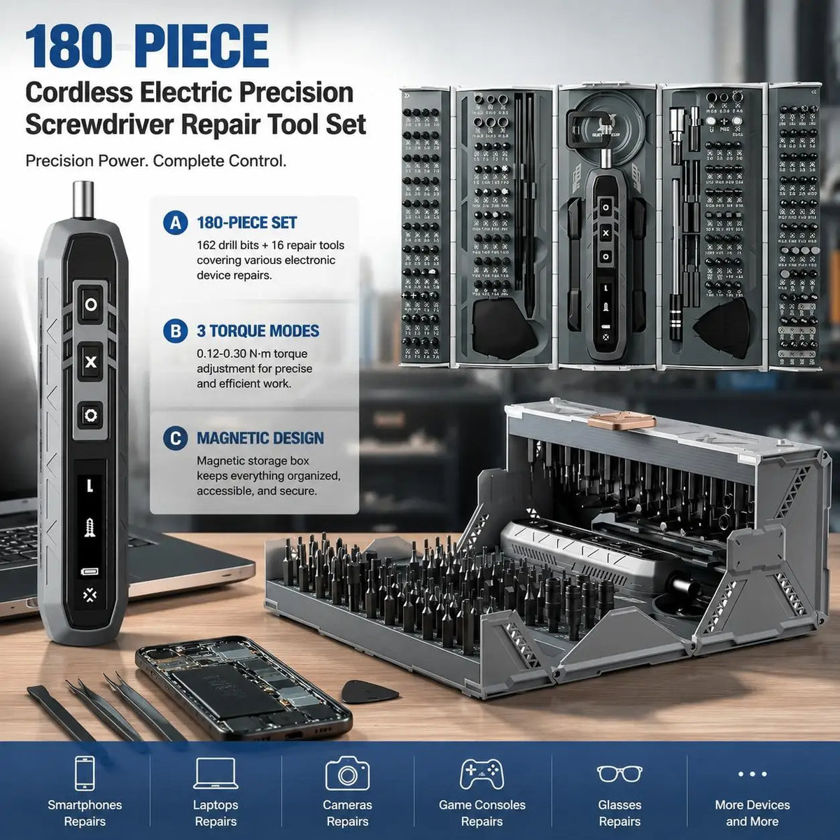 Electric Screwdriver Set 180 in 1 Precision Screwdriver Kit with Cordless Design 3 Torque Modes 160 Magnetic Bits Portable Repair Tool for Home DIY Electronics Furniture Assembly and Professional Projects