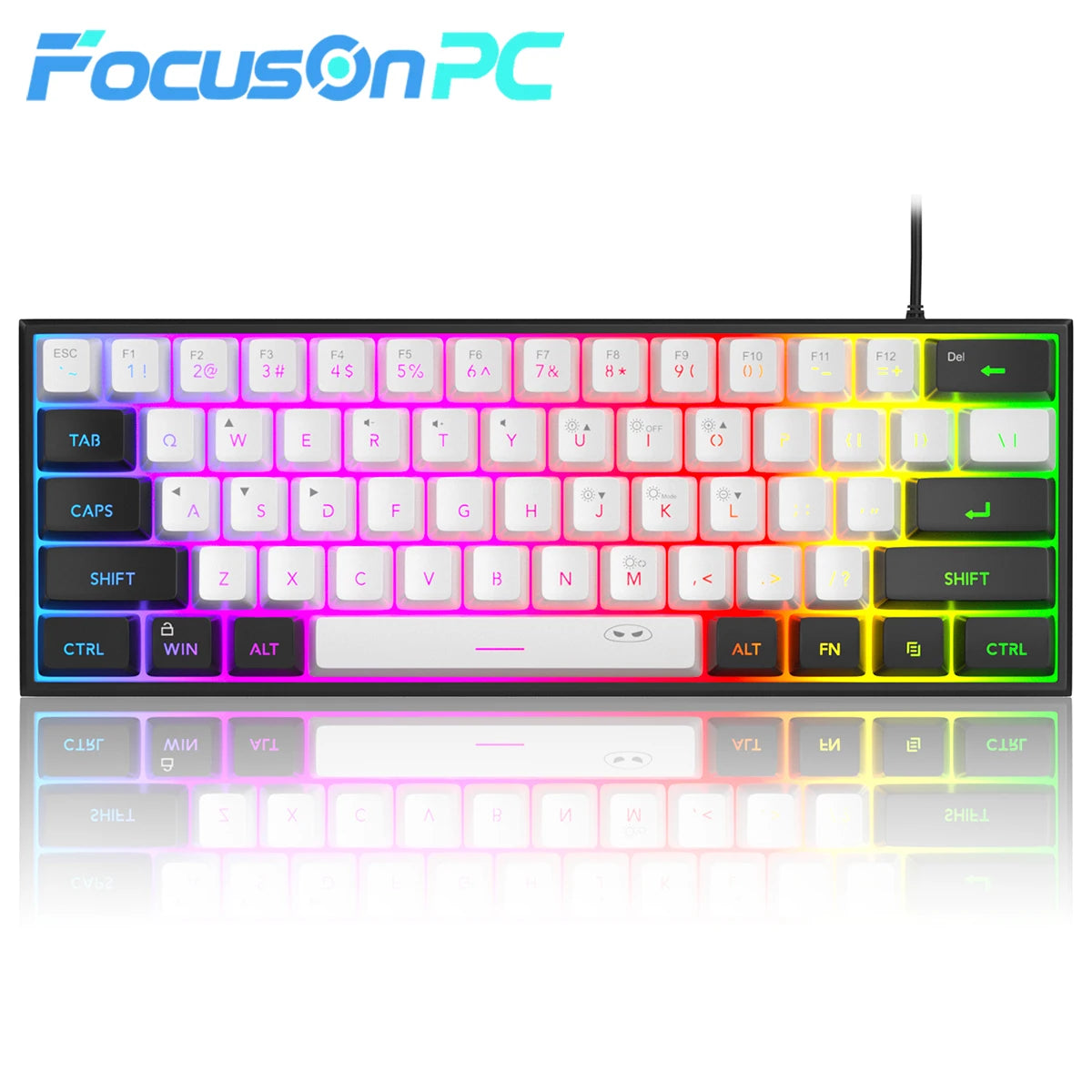 FocusOnPC 61 Keys Ultra Mini Gaming Keyboard TS91, 60% Layout RGB Backlit Waterproof Wired Keyboard, Ergonomic Mechanical Feel Keyboard for Desktop Laptop Office Gamers