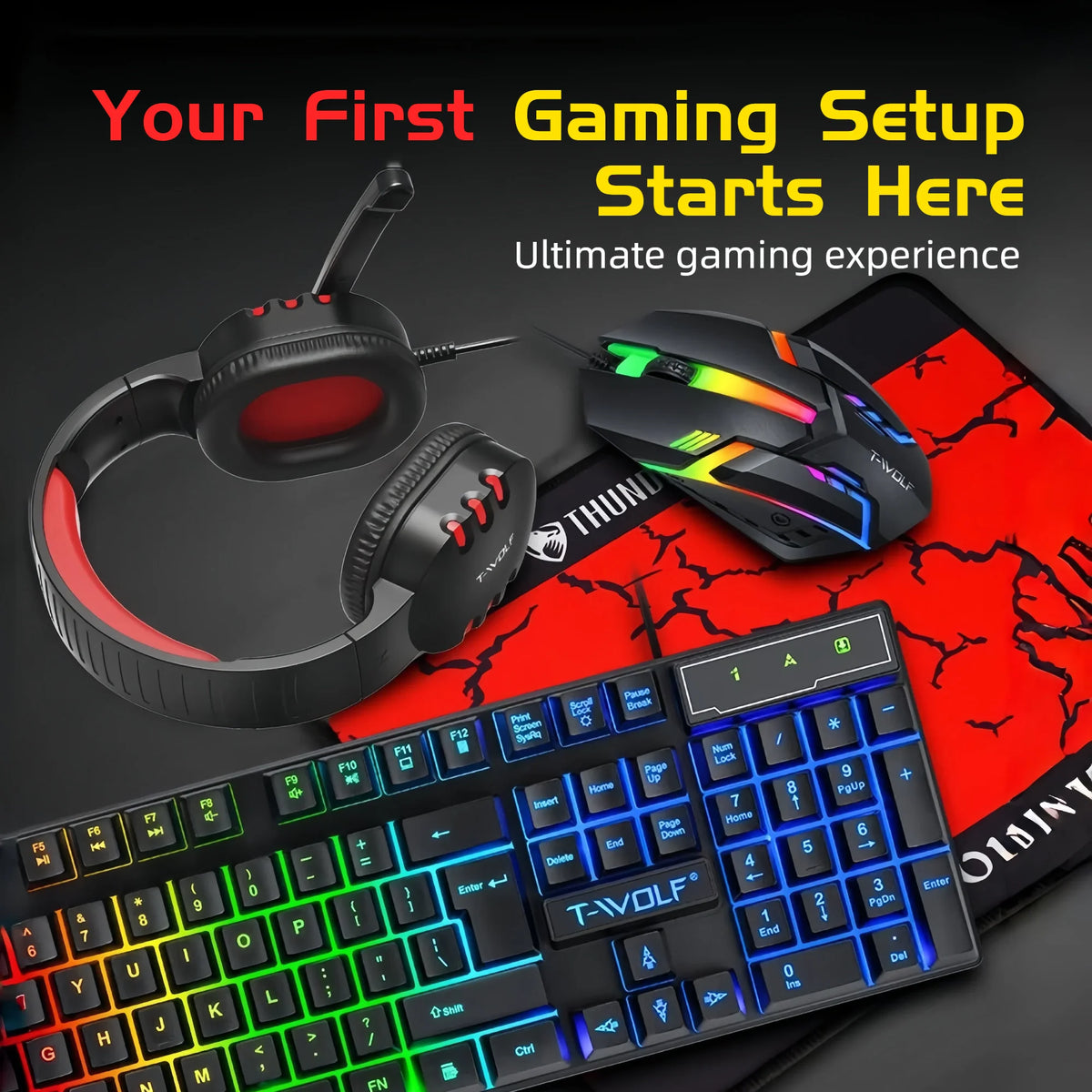 T-WOLF 4 in 1 Gaming Combo Set RGB Keyboard Mouse Headset Large Mousepad Wired USB Rainbow LED Back to School PC Gamer Kit for Desktop Laptop
