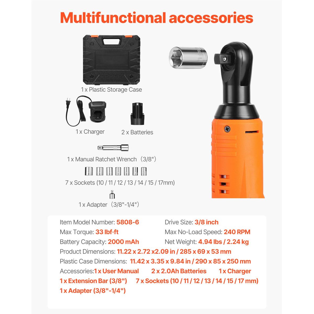 SucceBuy Cordless Ratchet Wrench Battery Powered Electric Wrench Set with Batteries Charger Sockets Adaptor and Carrying Case