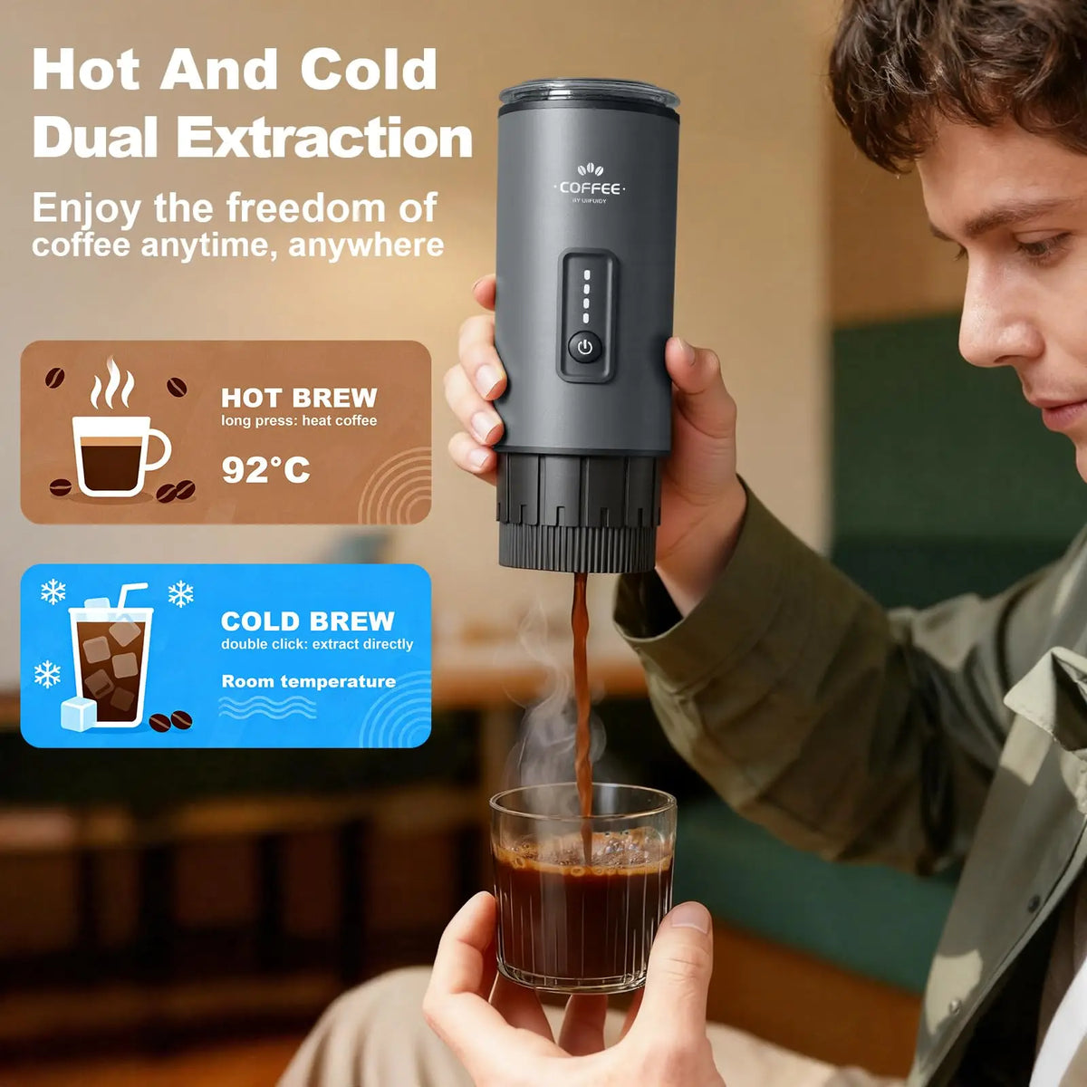 Portable 3 in 1 Electric Espresso Coffee Maker Rechargeable Self Heating Brewer with Carrying Bag and Stand for Camping Hiking