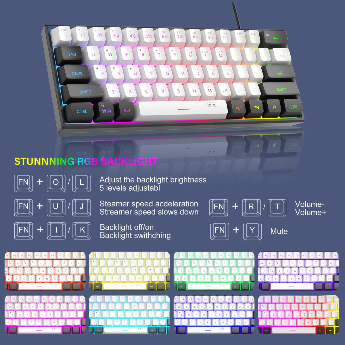 FocusOnPC 61 Keys Ultra Mini Gaming Keyboard TS91, 60% Layout RGB Backlit Waterproof Wired Keyboard, Ergonomic Mechanical Feel Keyboard for Desktop Laptop Office Gamers