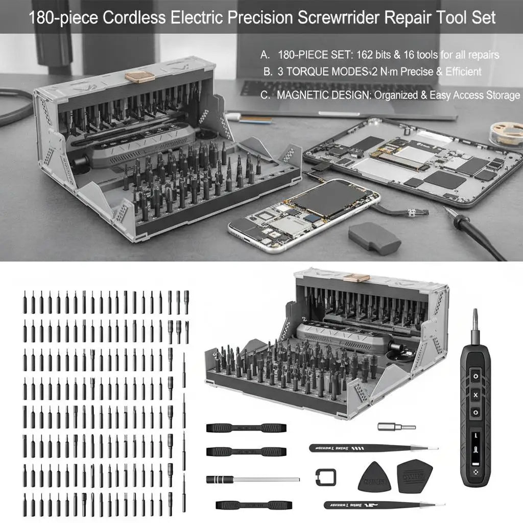 Electric Screwdriver Set 180 in 1 Precision Screwdriver Kit with Cordless Design 3 Torque Modes 160 Magnetic Bits Portable Repair Tool for Home DIY Electronics Furniture Assembly and Professional Projects