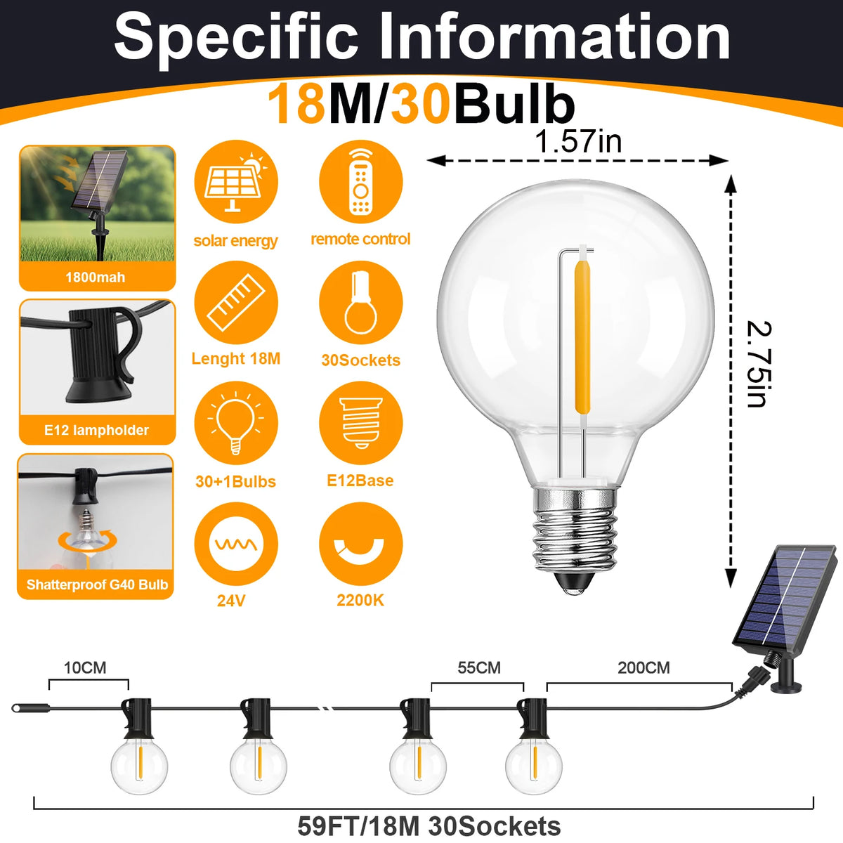 Led G40 Solar Globe Led String Lights Outdoor Waterproof Shatterproof Solar Hanging Lights for Backyard Bistro Decoration Light