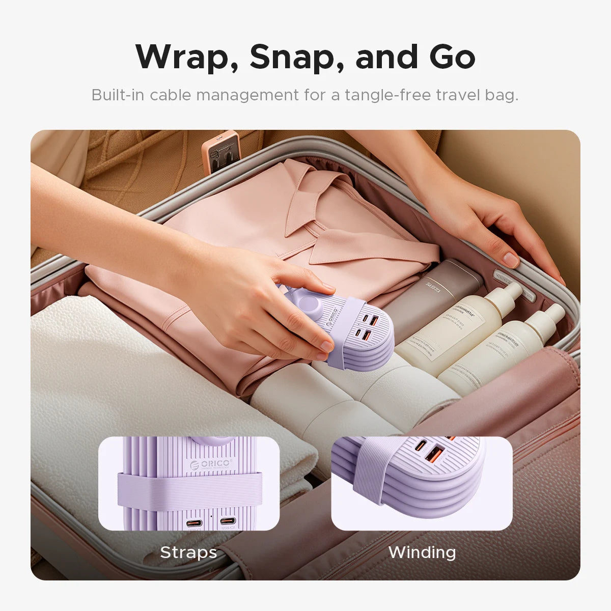ORICO Cable-Wrap Portable Travel Power Strip 65W GaN Fast Charging Station with 3 AC Outlets 2 USB 2 Type-C US Plug Adapter Home