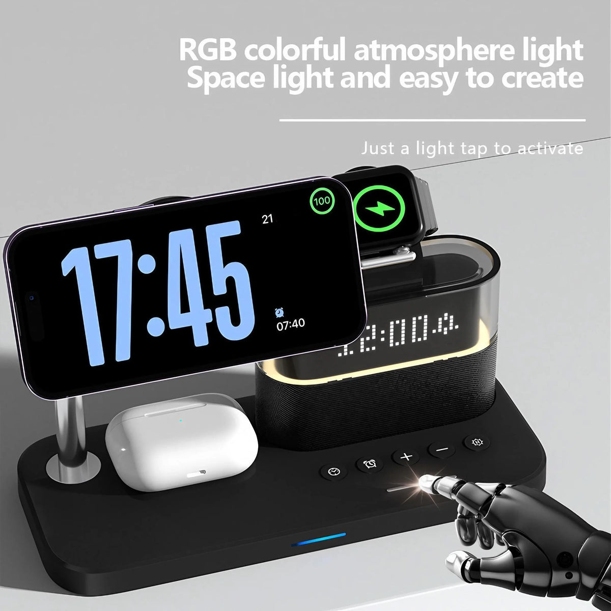 Wireless Charging Station 3 In 1 Magnetic Charger 15W Fast Charging Stand Dock For iPhone 15 14 13 12 Pro Max Mini Apple Watch Series 9 8 7 6 5 4 3 2 SE AirPods Pro 2 With RGB Night Light Alarm Clock Foldable Portable Travel