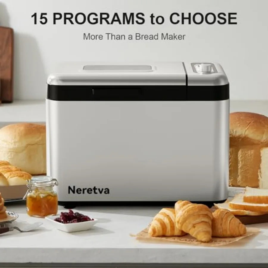 Bread Maker for Home Kitchen Use, Stainless Steel, Silver, 3.3LB Capacity with Dual Heaters and Auto Nut Dispenser