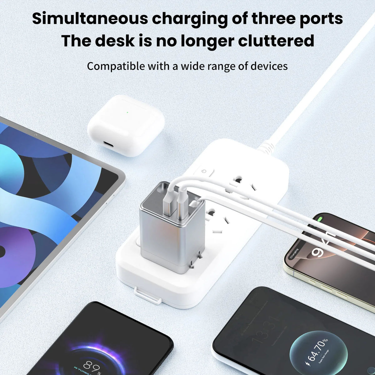 3 IN 1 65W Fast Charging Power Adapter USB C Wall Charger, PD Power Adapter + QC Wall Plug Multiport USB A