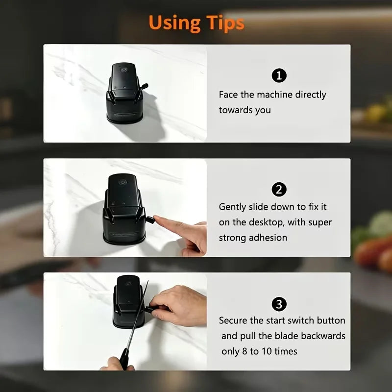 Solvridge 3-In-1 USB Rechargeable Electric Knife Sharpener, One Touch Automatic Blade Sharpener with Suction Cup, Portable Sharpener for Kitchen Knives, Fruit Knives, Scissors, Outdoor Use, Black