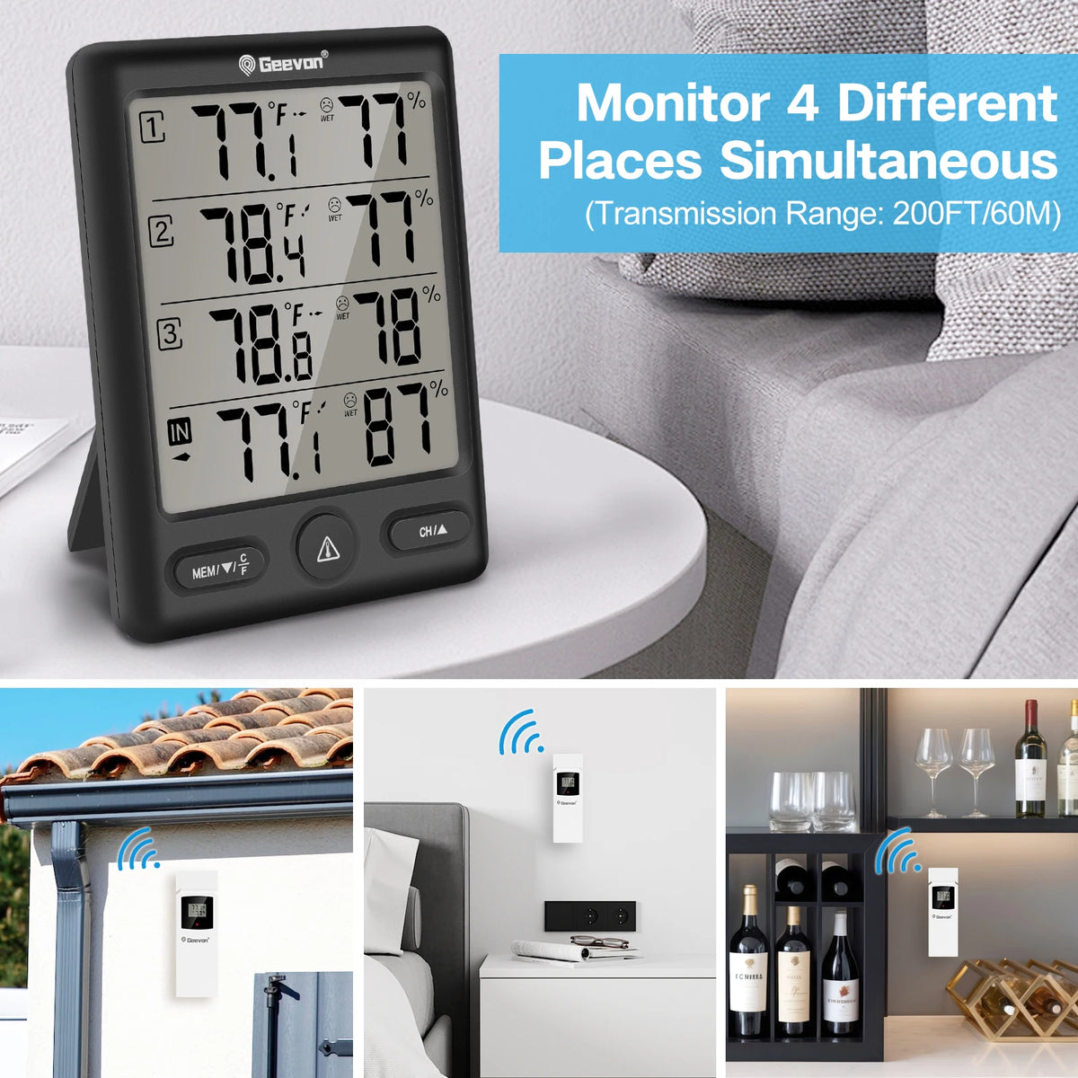 Geevon Wireless Indoor/Outdoor Thermometer with 3 Remote Sensors, Digital Hygrometer, Indoor Thermometer