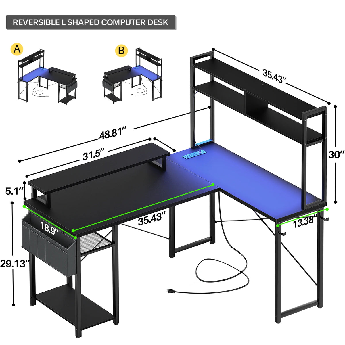 Aheaplus Small L‑Shaped Gaming Desk with LED Lights & Power Outlets, Reversible Corner Computer Desk with Monitor Stand & Storage Shelf, Home Office Desk with Storage Bag & Headphone Hook – Black